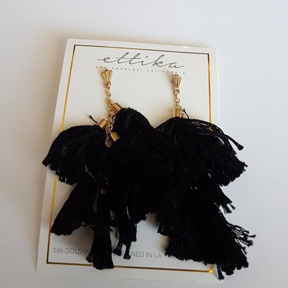 ☀️ Ettika Black Tassel 18K Gold Plated Earrings - Picture 1 of 7